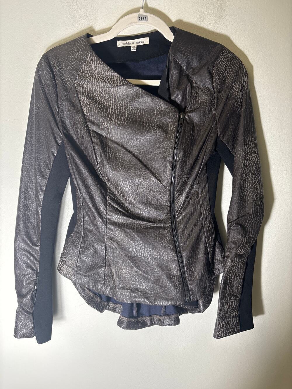 Robbi & Nikki Brown Faux Leather Long Sleeve Asymetrical Zip Up Jacket Sz XS